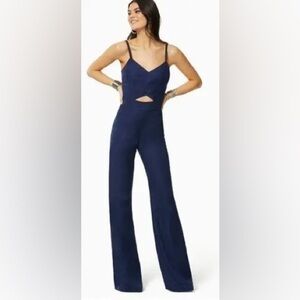 Ramy Brook Noel Linen Cutout Jumpsuit Wide Leg Pockets Adjustable Straps Navy 8